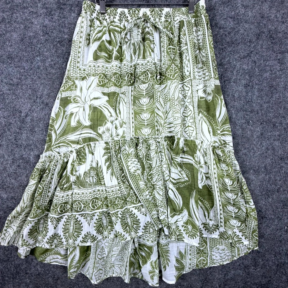 Mlle Gabrielle Maxi Skirt Women Large Green White Tropical Ruffle Hem Resort